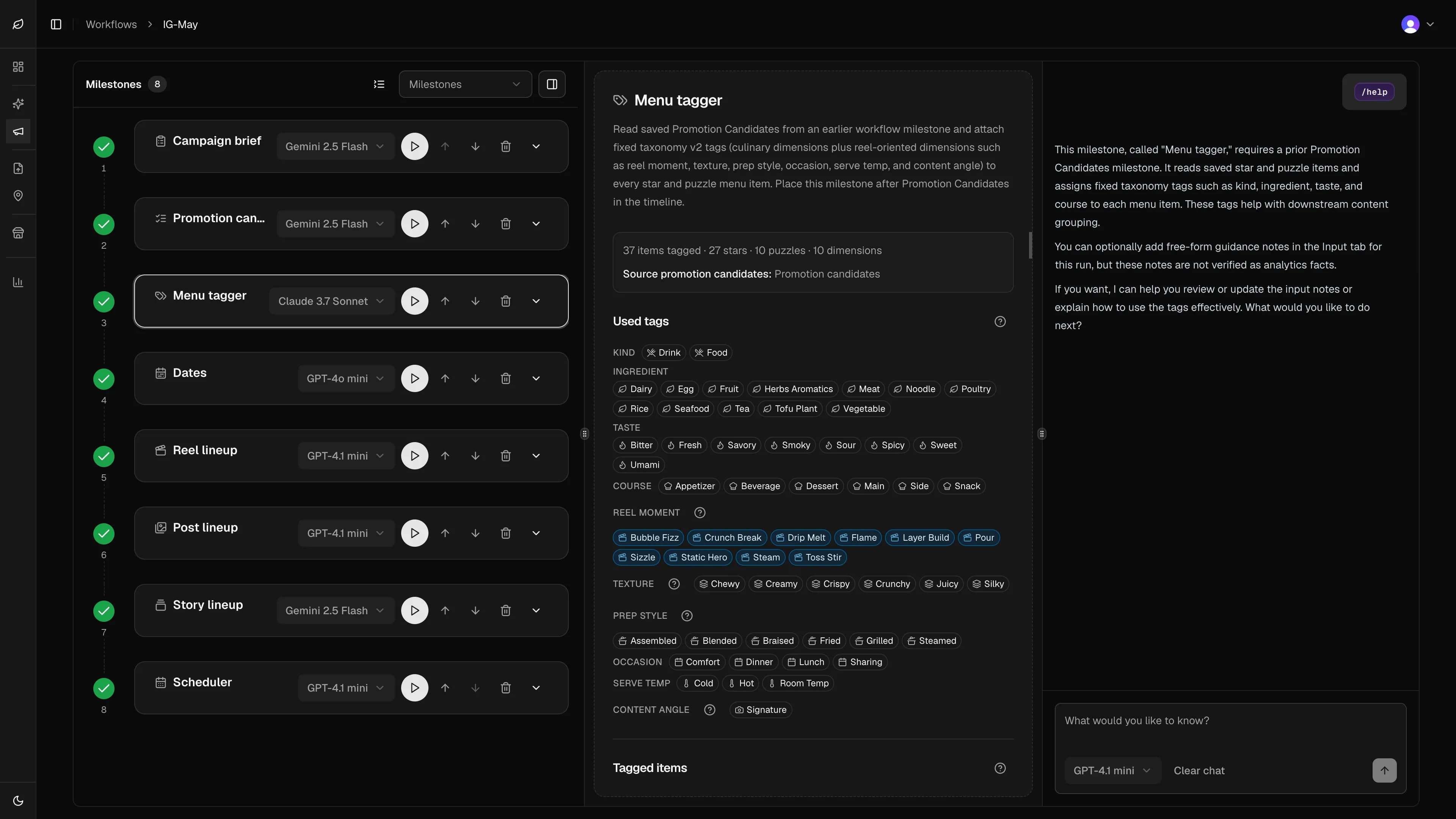 Screenshot of the Menuyukti Workflows UI with the Menu Tagger milestone selected on the campaign timeline.