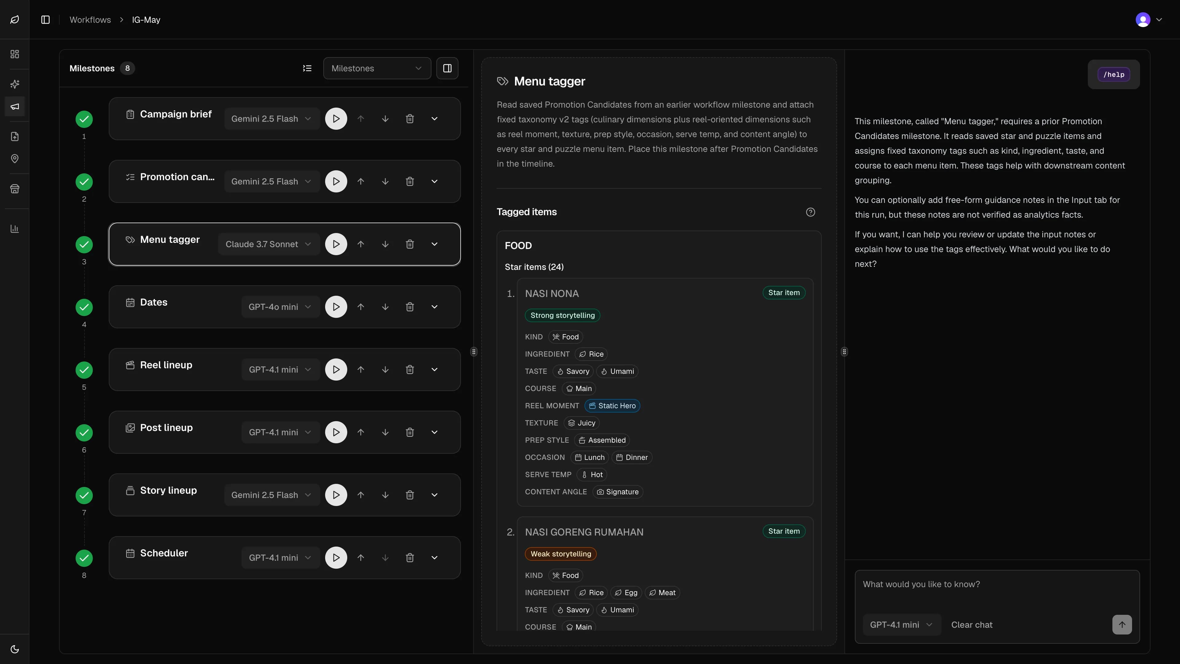 Screenshot of the Menuyukti Workflows UI with the Menu Tagger milestone selected on the campaign timeline.
