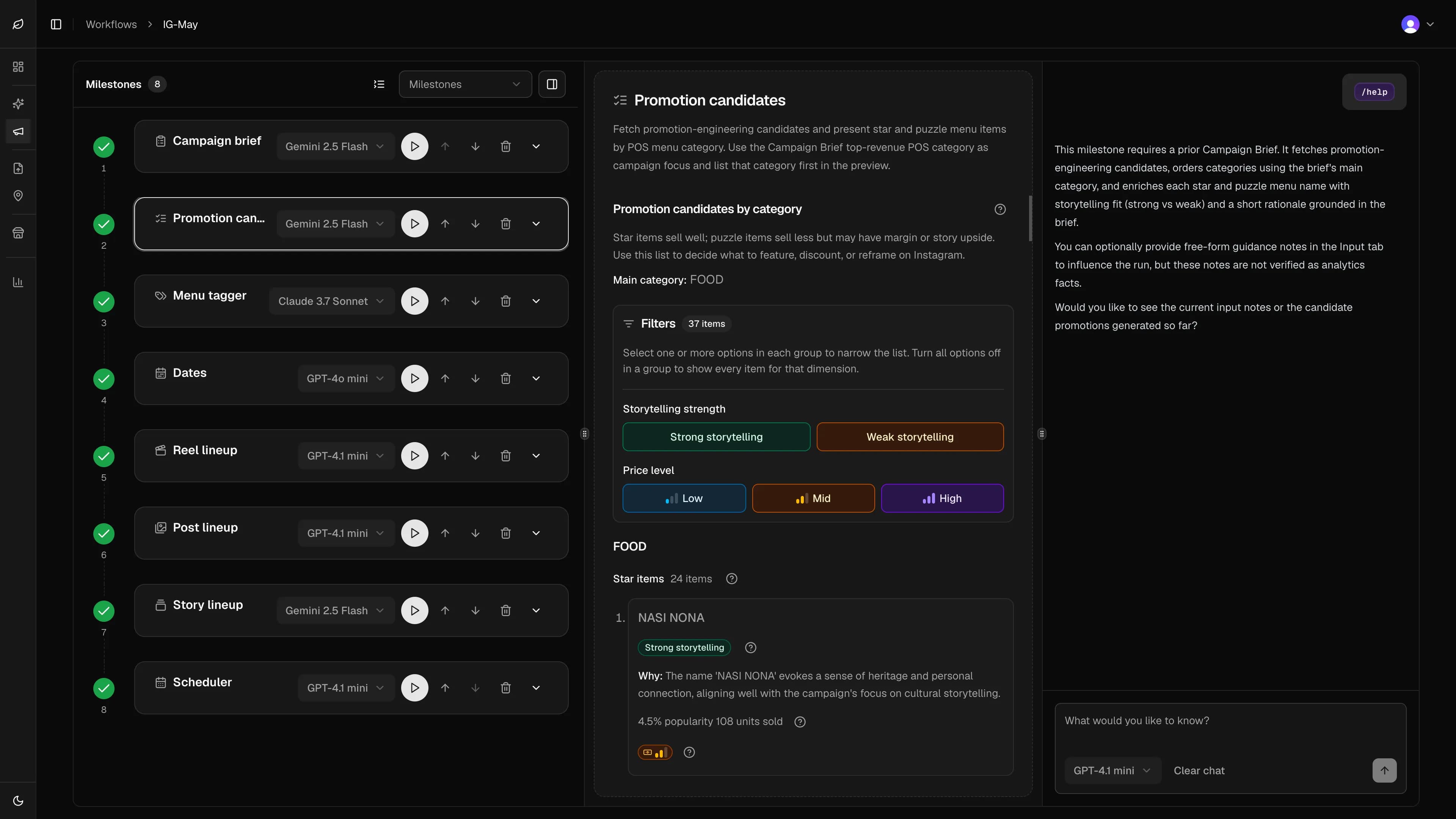 Screenshot of the Menuyukti Workflows UI with the Promotion Candidates milestone selected on the campaign timeline.