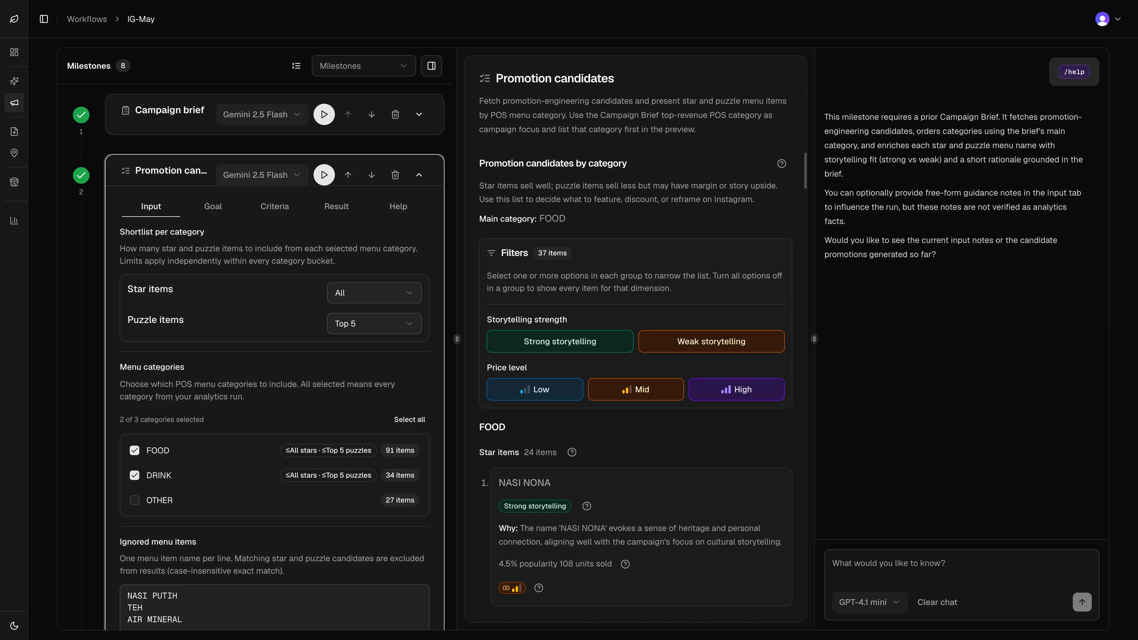 Screenshot of the Menuyukti Workflows UI with the Promotion Candidates milestone selected on the campaign timeline.