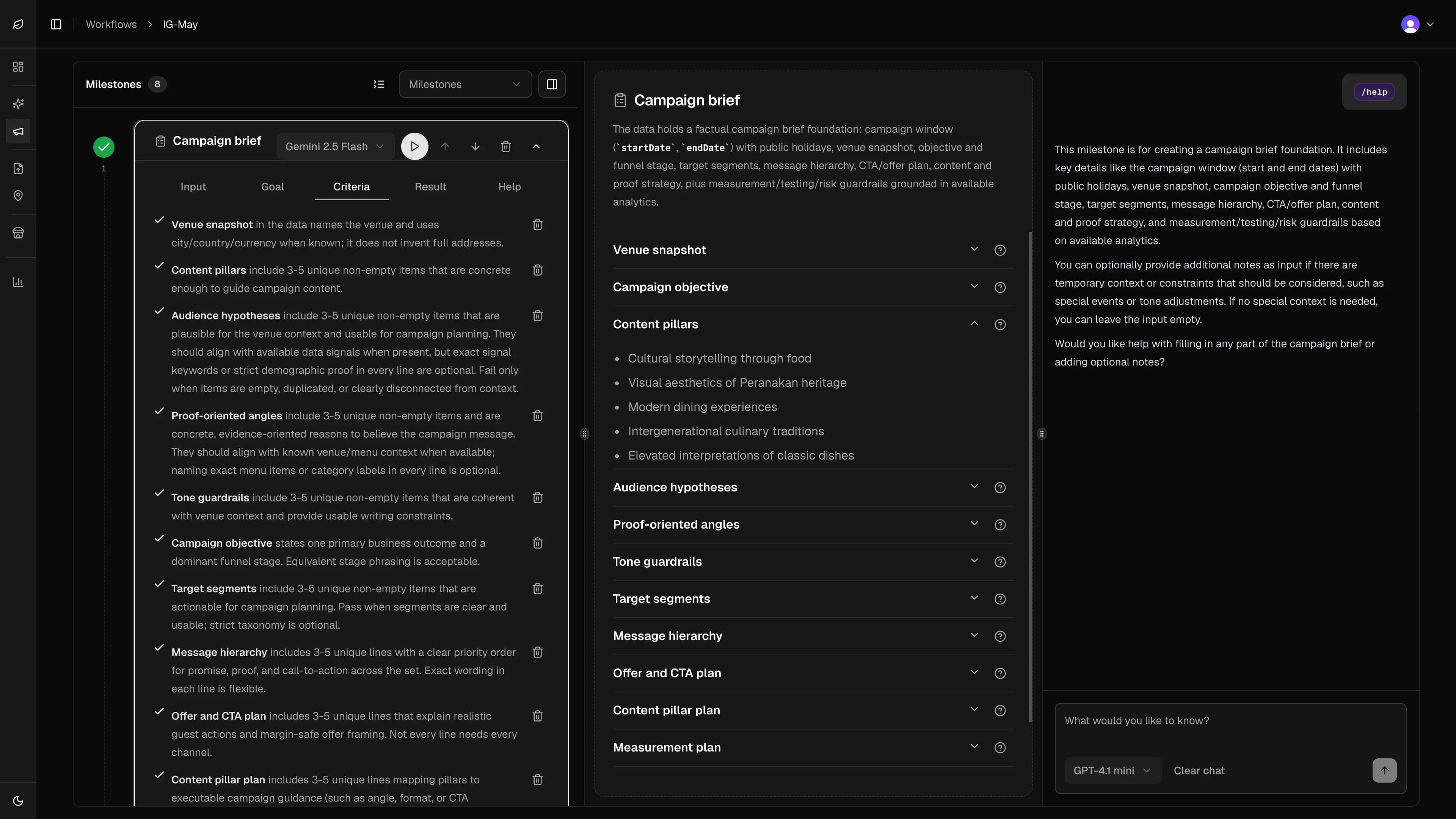 Screenshot of the Menuyukti Workflows UI showing the full milestone timeline with the Campaign Brief step selected.